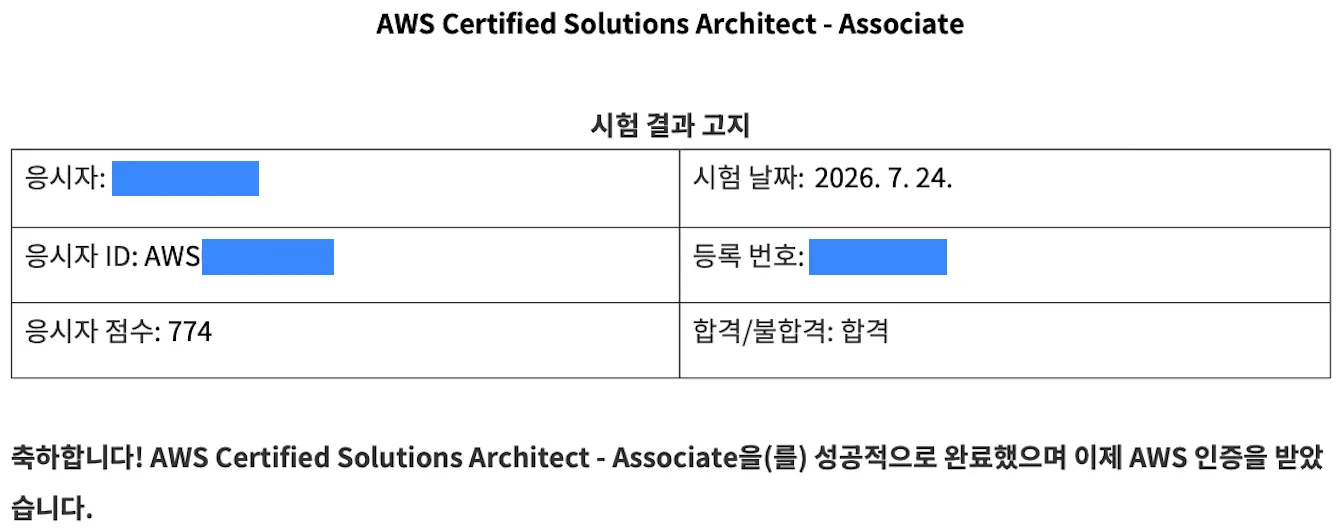 AWS SAA 합격 메일